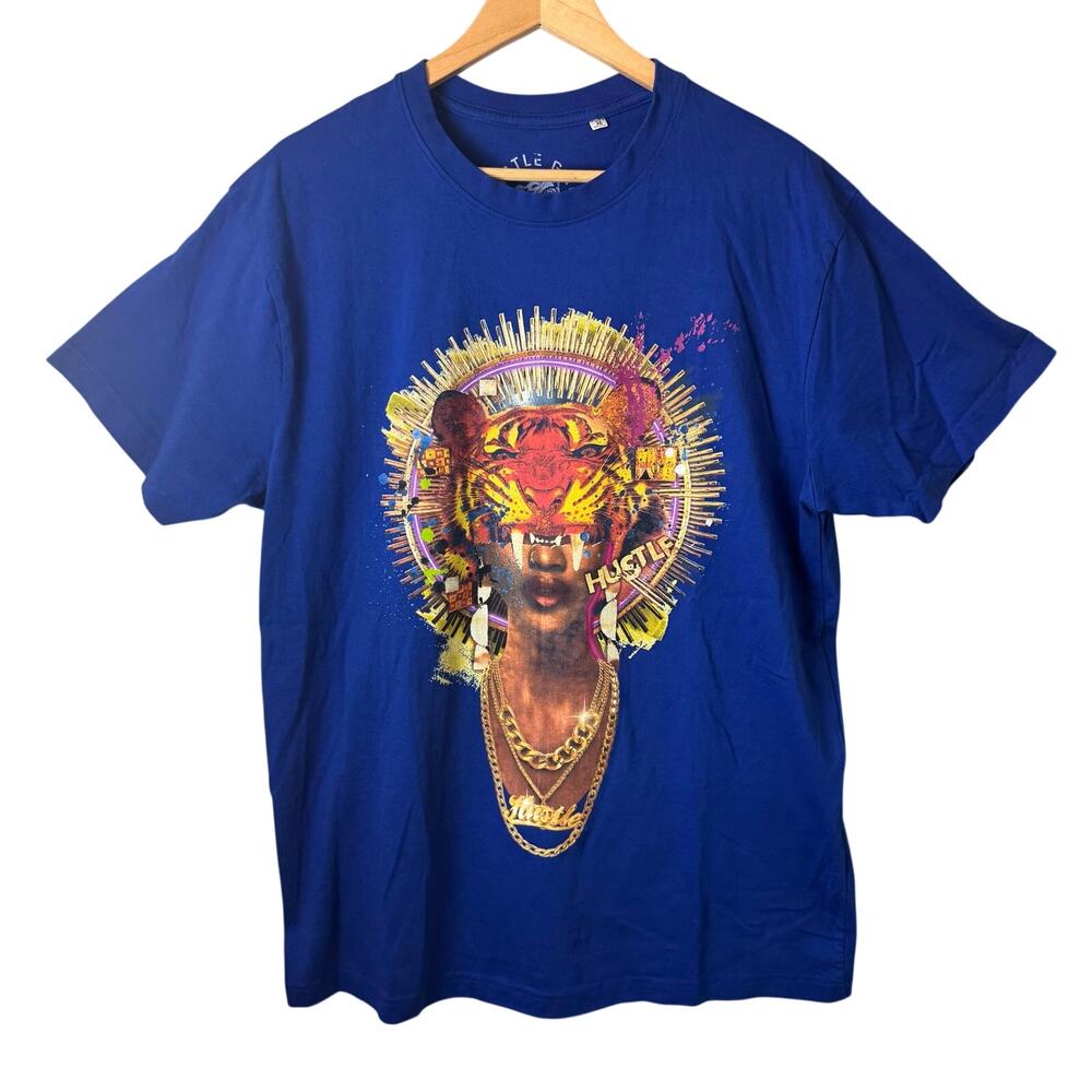 Hustle Gang graphic t-shirt Mens XL tiger-head face Streetwear 100% Cotton Blue